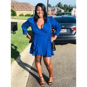 Royal Blue Faux Wrap Dress w/ Ruffles